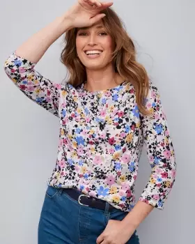 Image of Cotton Traders Womens Beau ¾ Sleeve Boat Neck Printed Jersey Top in White