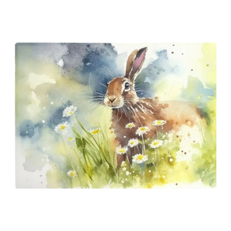 Image of Warren Reed Designer Hare And Daisies Watercolour Glass Chopping Board