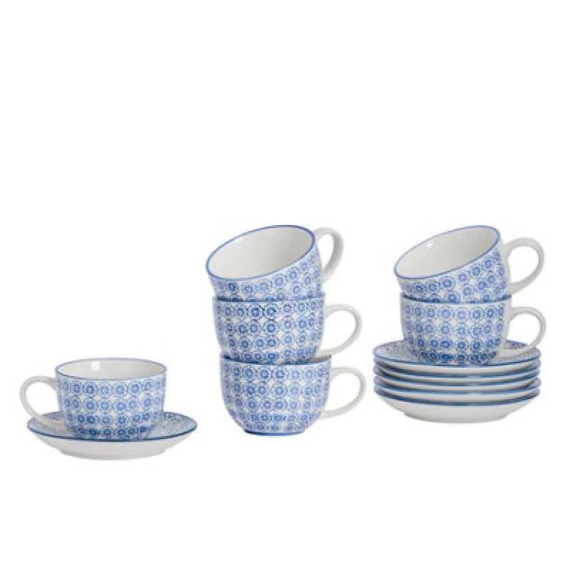Image of Nicola Spring 12 Piece Hand-Printed Cappuccino Cup & Saucer Set - 250ml - Navy