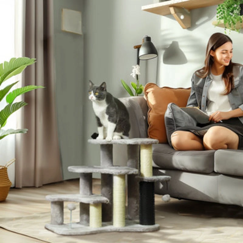 Image of PawHut Cat Tree 2 in 1 Pet Stairs w/ Scratching Tickling Post - Light Grey - Light Grey TJ Hughes 5061025011223