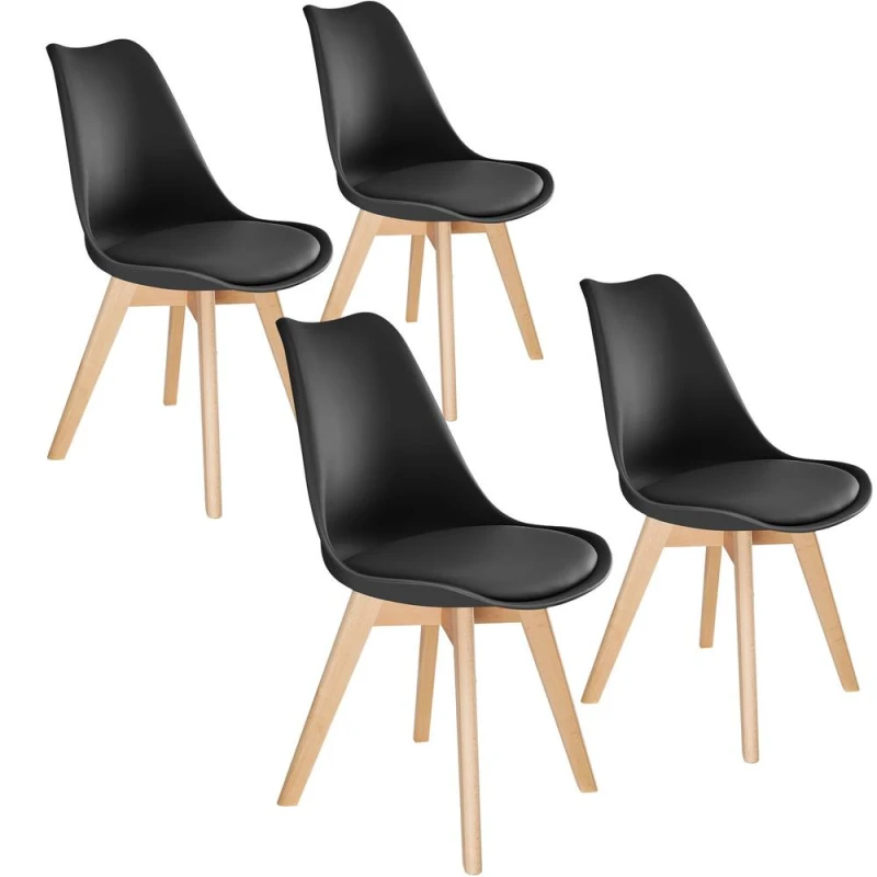 Image of Tectake Set Of 4 Dining Chair Frederikke With Padded Seat, Ergonomic Shape, And Wooden Legs - Black