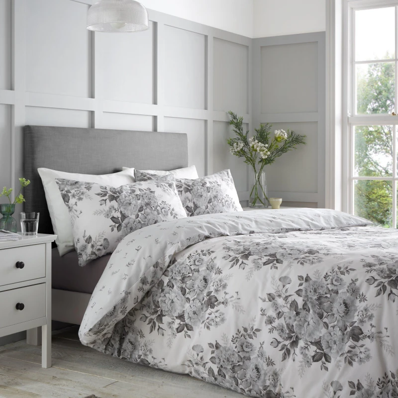 Image of Catherine Lansfield Elinda Floral Reversible Duvet Cover Set Duvet Cover Sets Single Grey 70618002010