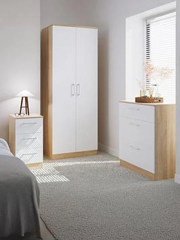 Image of Swift Chester Ready Assembled Bedroom Furniture Package - 2 Door Wardrobe, 3 Drawer Chest And 3 Bedside Table Grey WGOWV Unisex