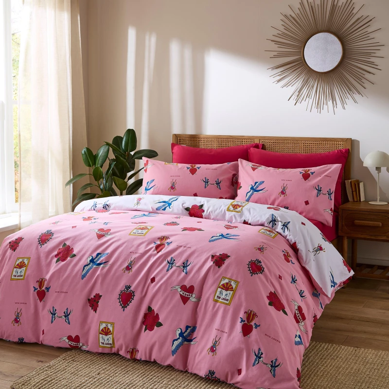 Image of Their Nibs Mon Coeur Cotton Reversible Duvet Cover Set Pink unisex Double