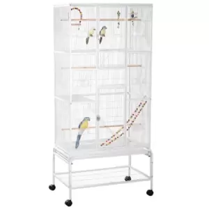 Image of PawHut 3 Tier Bird Cage with Stand, Wheels, Toys, Ladders, for Canaries, Finches, Cockatiels, Parakeets, Budgie Cage with Accessories - White