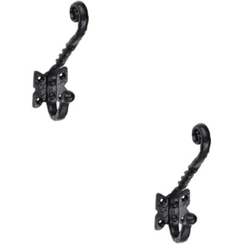 Image of Loops 2x Ornate Twisted Hat & Coat Hook on Butterfly Backplate 82mm Proj Black Antique Black