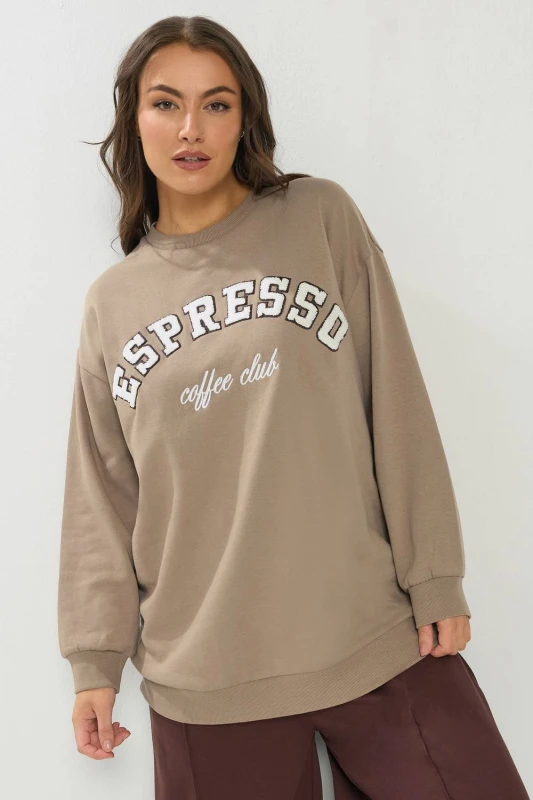 Image of Yours Womens 'Espresso' Slogan Sweatshirt in Light Brown Size: 26-28 Light Brown Female 26-28