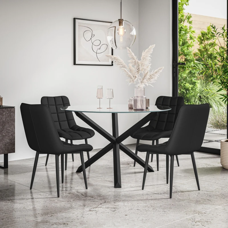 Image of More4Homes Malvern Round Dining Table And Chairs - Clear Glass Table Top W Solid Black Oak Legs + 4 Nova Faux Leather Dining Chairs (Black)