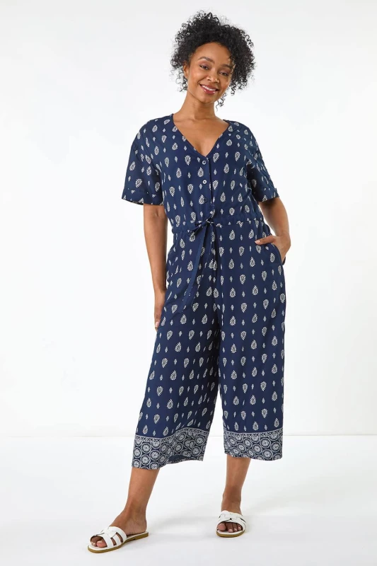 Image of Roman Womens Petite Print V-Neck Cropped Jumpsuit in Navy Size: 10 Navy Female 10