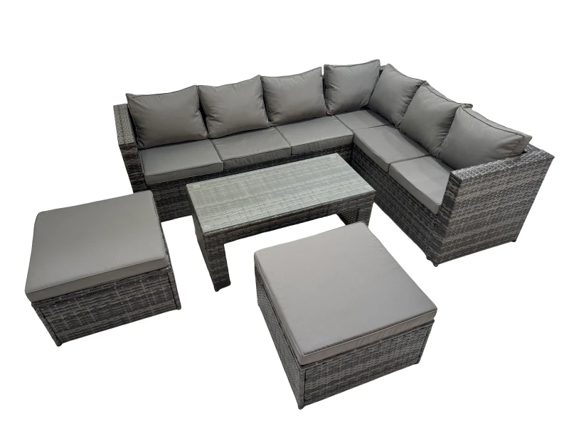 Image of Fimous Outdoor Rattan Oblong Coffee Table Corner Sofa Sets Garden Furniture Set With Chair 2 Big Stools Dark Grey Mixed