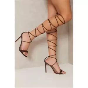 Image of I Saw It First Brown Plaited Strap Knee High Lace Up Heeled Sandals - Brown