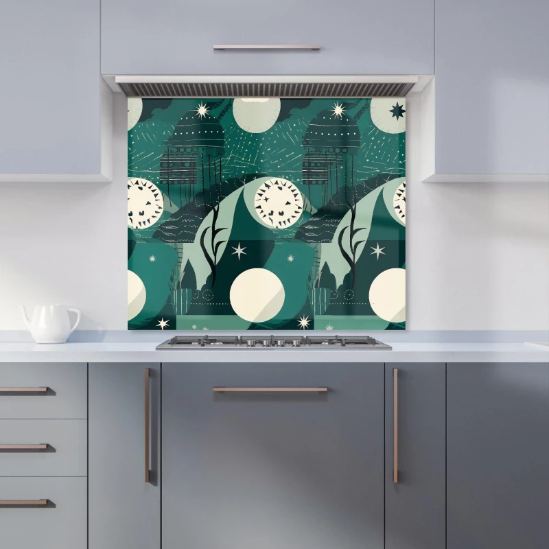 Image of Warren Reed - Designer Abstact Green Cream Moon & Stars Kitchen Splashback Size: 900mm x 750mm Green Unisex 900mm x 750mm