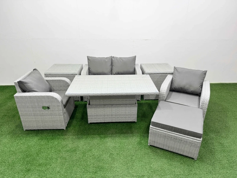 Image of Fimous Light Grey PE Wicker Rattan Garden Furniture Set Sofa Set Reclining Chair Adjustable Lifting Dining or Coffee Table 5 Seater With Footstool 2 S