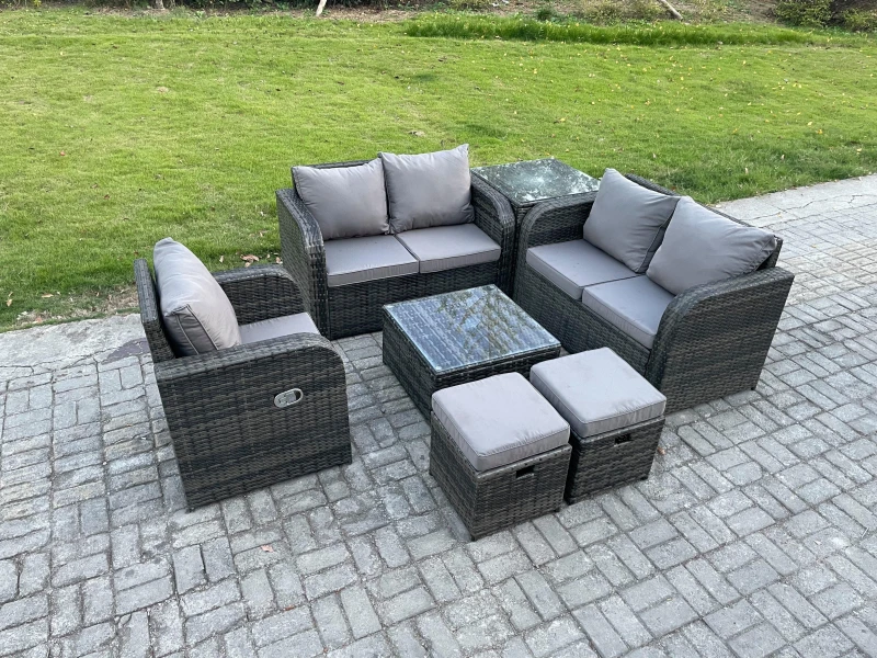 Image of Fimous 7 Piece Garden Furniture Sets 7 Seater Outdoor Patio Furniture Set Weaving Wicker Rattan Sofa Chair and Table with 2 Small Footstools Dark Grey
