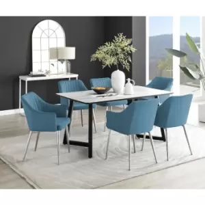 Image of Furniturebox Carson White Marble Effect Rectangular 160cm Dining Table & 6 Blue Calla Silver Leg Velvet Chairs