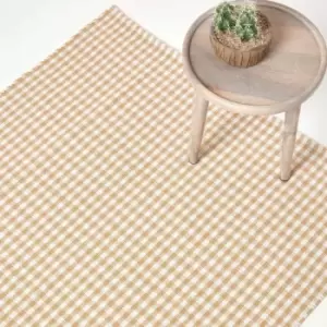 Image of Cotton Gingham Check Rug Hand Woven Beige White, 60 x 90cm - Natural - Homescapes