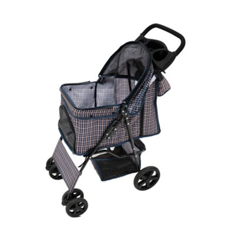 Image of Monster Shop Monstershop Pet Stroller with Rain Cover & Caddy Bag - Blue Tartan, Blue 213912