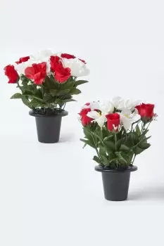 Image of Set of 2 Red & White Roses & Lilies Artificial Flowers in Grave Vases