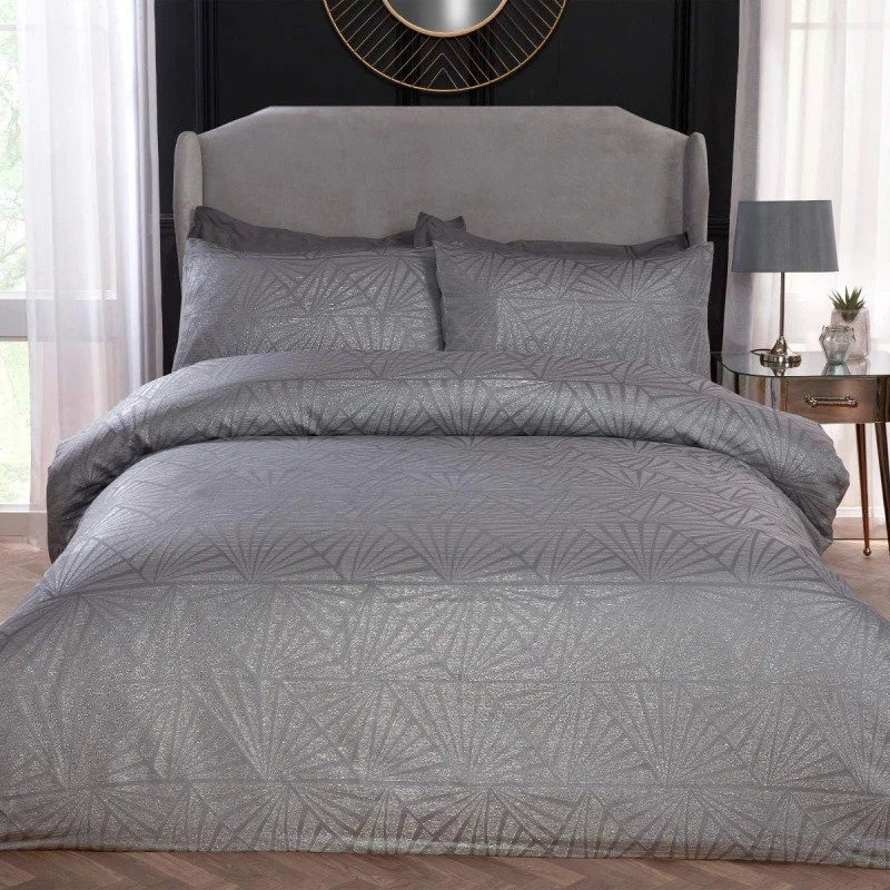 Image of Smart Living Luxury Hotel Quality Lurex Jacquard Geometric Deco Duvet Cover with Pillowcases in Natural Size: Double Natural Unisex Double