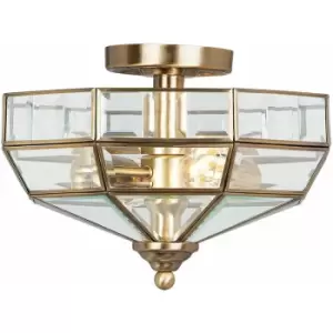 Image of Loops - 2 Bulb Semi Flush Light BevelLED Clear Glass Panels Antique Brass LED E27 60W