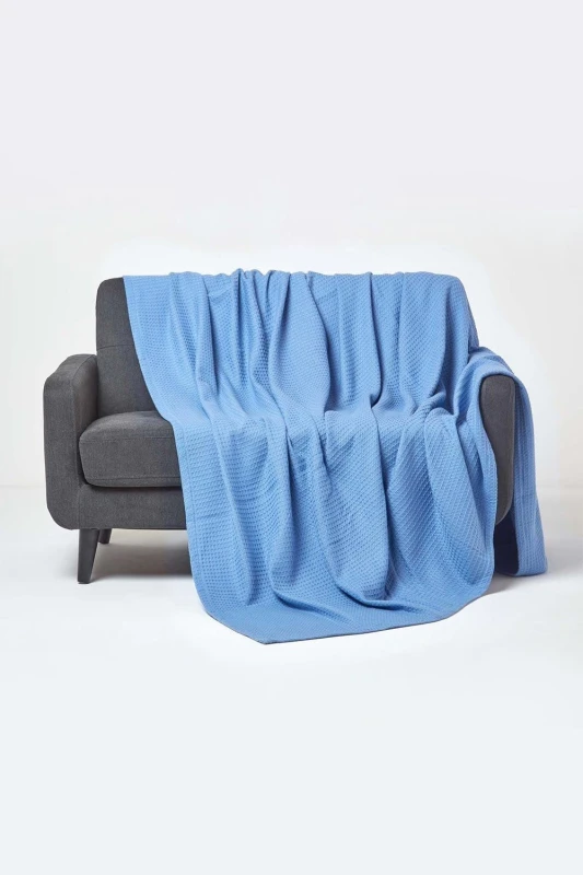 Image of Homescapes Organic Cotton Waffle Blanket/ Throw Blue, 250 X 230 Cm