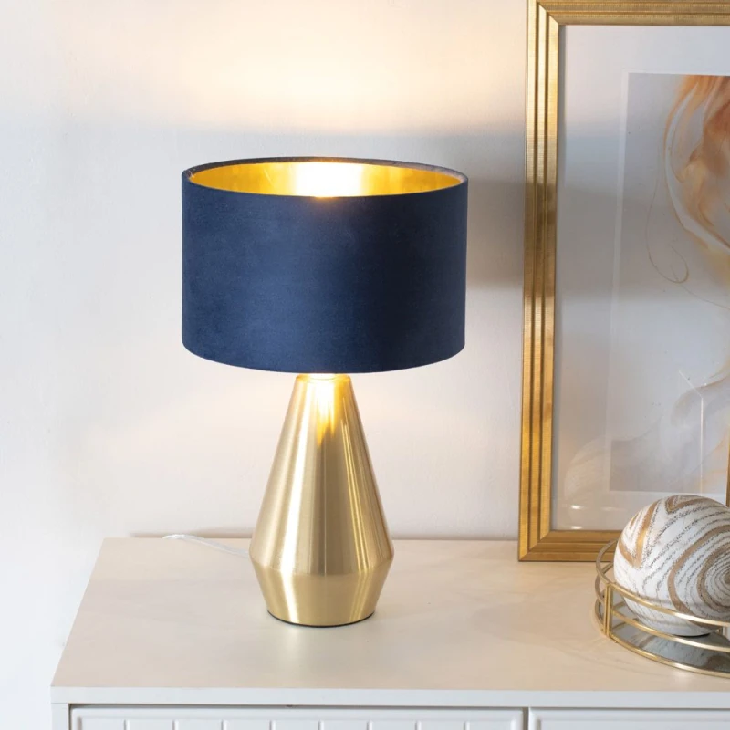 Image of ValueLights ValueLights Jax Gold Dimmable Touch Table Lamp with Velvet Drum & Gold Inner Lamp Shade in Dark Navy Dark Navy One Size Unisex 50594060602
