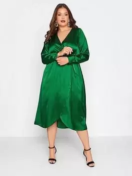 Image of Yours Satin Wrap Dress - Green, Size 18, Women