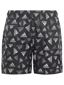 Image of adidas Boys Badge Of Sport All Over Print Swim Short - Black/White, Size 11-12 Years