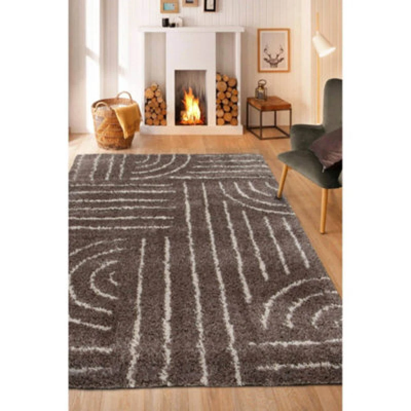 Image of Melrose Voyage Shaggy Taupe Lines Patterned Indoor Medium Area Rug 120/170Cm