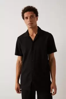 Image of Slim Fit Black Jersey Rib Revere Shirt