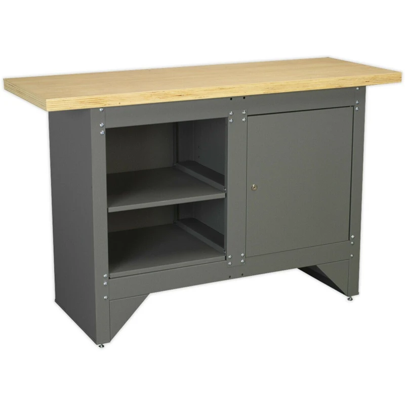 Image of Loops Heavy Duty Steel Workbench - Shelf & Locked Cupboard - Garage Work Wood Station Metallics