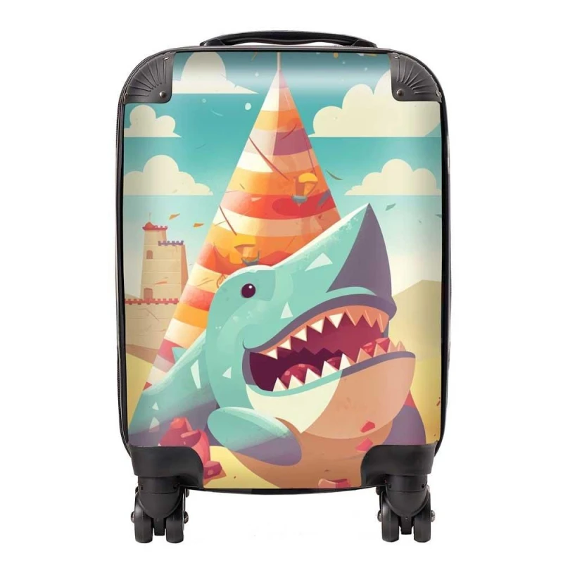 Image of Warren Reed - Designer Shark On A Beach Holiday Suitcase in Yellow Size: Cabin Yellow Unisex Cabin
