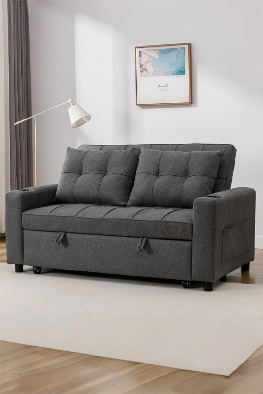 Image of More4Homes Hudson 2-seater Sofa Bed Linen Fabric With Cup Holders Grey 5.05574E+12