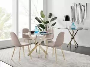 Image of Novara 100cm Round Tempered Glass Dining Table with Gold Legs & 4 Corona Faux Leather Chairs