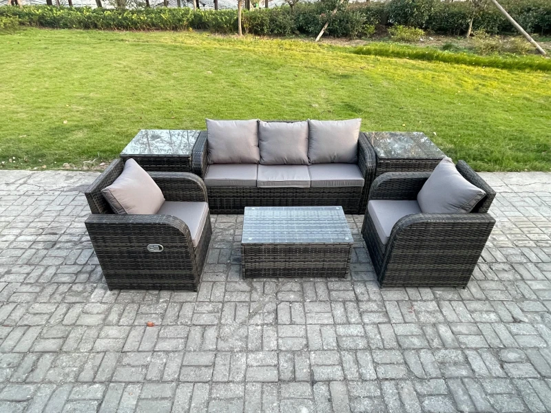 Image of Fimous Outdoor Rattan Garden Furniture Set Patio Lounge Sofa Set with Reclining Chair Rectangular Coffee Table 2 Side Tables Dark Grey