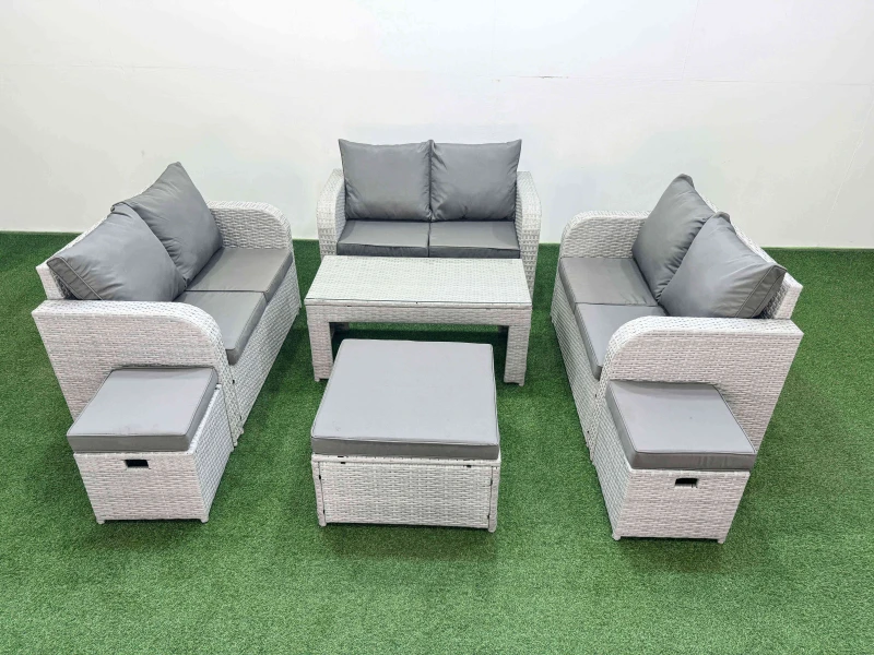Image of Fimous 9 Seater PE Wicker Rattan Furniture Sofa Sets with Oblong Coffee Table 2 Seater Love Sofa 3 Stool Light Grey Light Grey