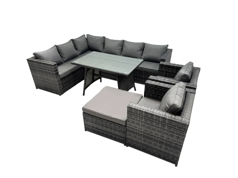 Image of Fimous 9-seater Outdoor PE Rattan Sofa Set with with 2 Chair Big Stool in Dark Grey Dark Grey Unisex