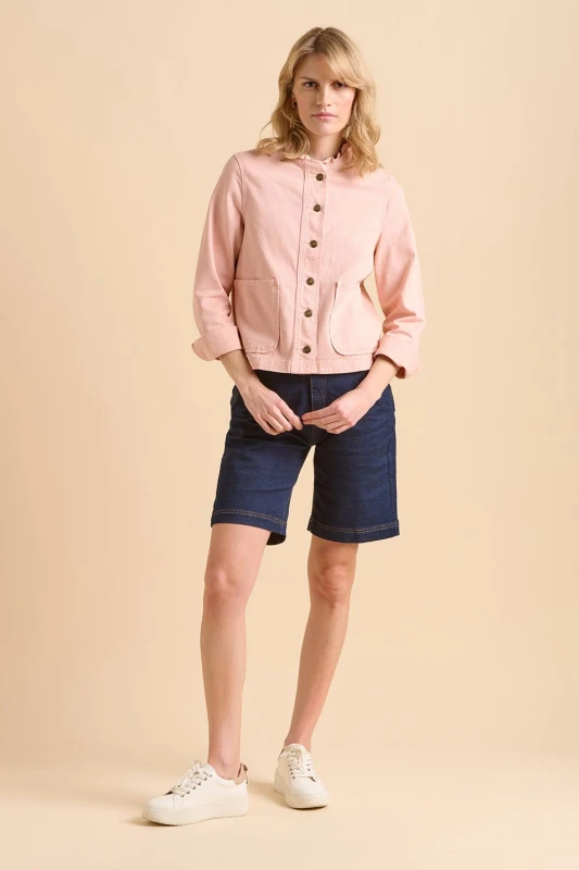 Image of Brakeburn Womens Frill Neck Denim Jacket in Pink Size: 14 Pink Female 14