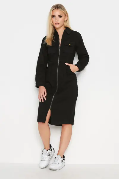 Image of PixieGirl Petite Zip Denim Midi Dress Black