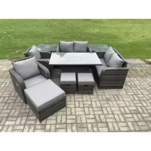 Image of Fimous 6 Seater Outdoor Dark Grey Rattan Lounge Complete Sofa Set with Height Adjustable Dining Table, Side Tables, 2 Stools and Big Footstool