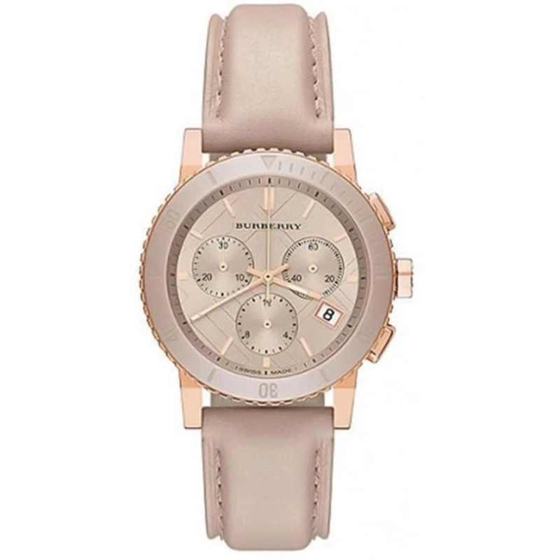 Image of Burberry Unisex Watch BU9704|Chronograph Rose Gold Dial|Nude Cream Leather Strap