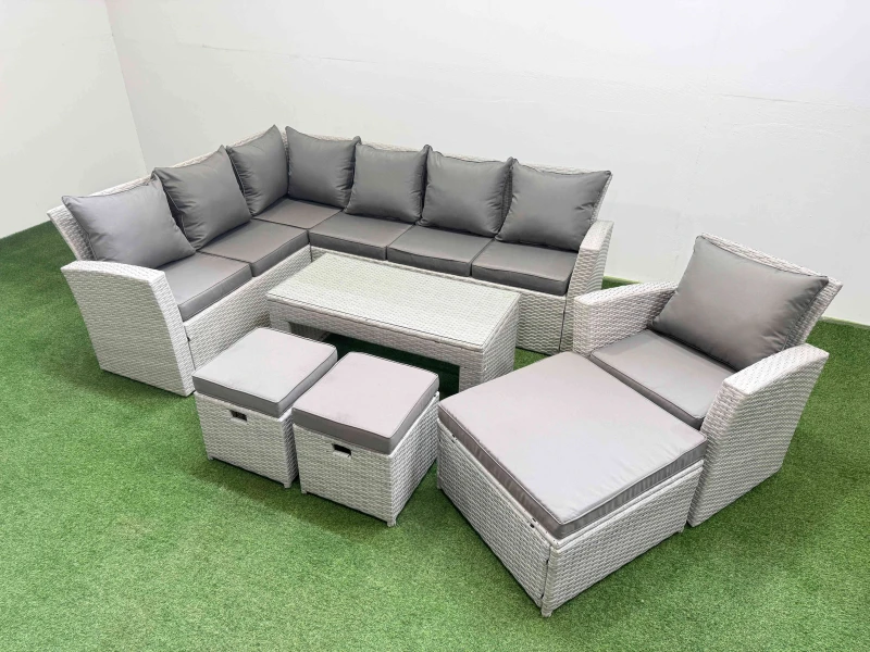 Image of Fimous Outdoor 10 Seater Corner Sofa Sets with Chair 3 Stools Light Grey Light Grey Unisex