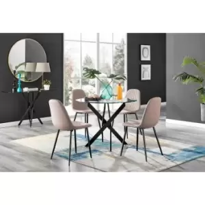 Image of Furniture Box Novara Black Leg Round Glass Dining Table and 4 Cappuccino Corona Black Leg Chairs