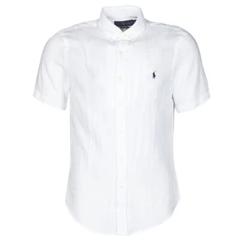 Image of Polo Ralph Lauren CHEMISE CINTREE EN LIN COL BOUTONNE LOGO PONY PLAYER mens Short sleeved Shirt in White - Sizes EU S,EU M
