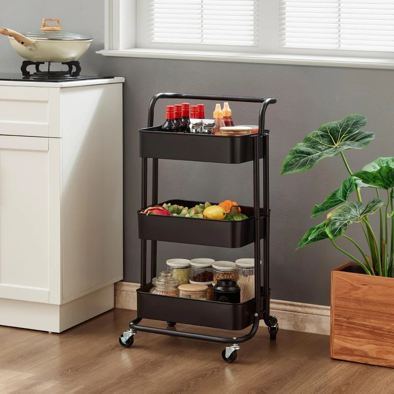 Image of House of Home 3 Tier Storage Cart On Wheels Home Kitchen Office Bath-Bedroom Organiser Black unisex