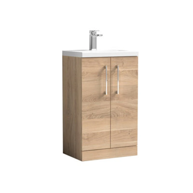 Image of Nuie Hudson Reed Arno Compact Floor Standing 2 Door Vanity Unit With Ceramic Basin, Durable Modern Vanity Unit In Bleached Oak, 500mm