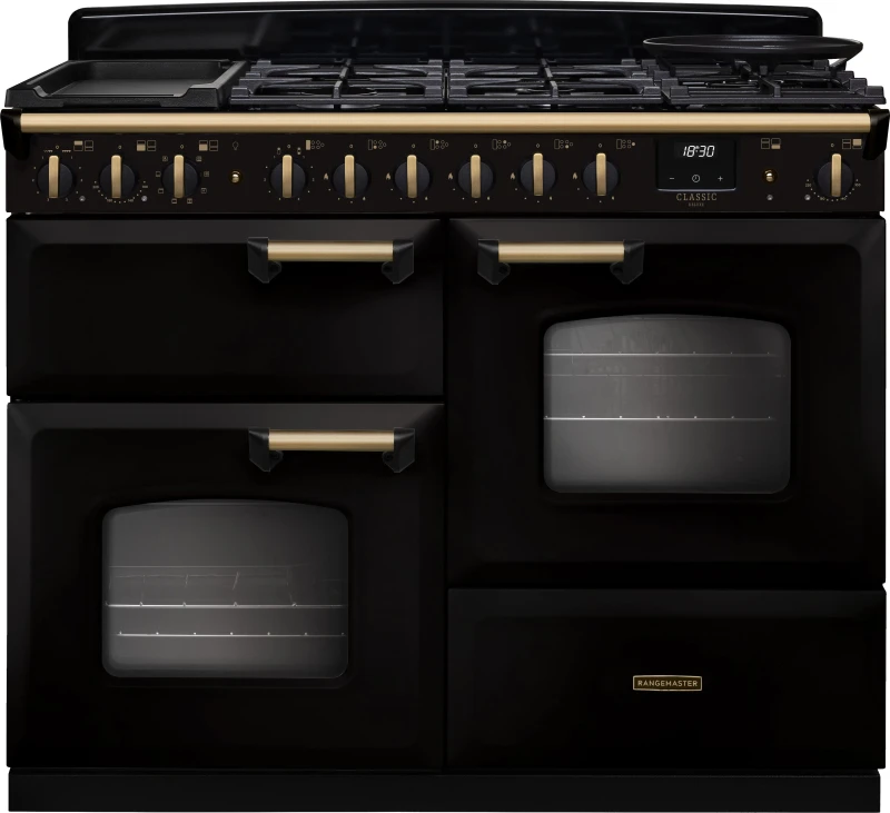Image of Rangemaster Classic Deluxe 110 CLDLO110DFPGBL/AB1 110cm wide Dual Fuel Range Cooker with Gas Hob - Black / Antique Brass - A Rated