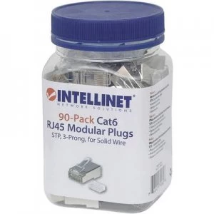 Image of INTELLINET 90er-Pack Cat6 RJ45 modular plug STP 3-point wire contacting for solid wire 90 plugs in the beaker Crimp contact Silver Intellinet 790628