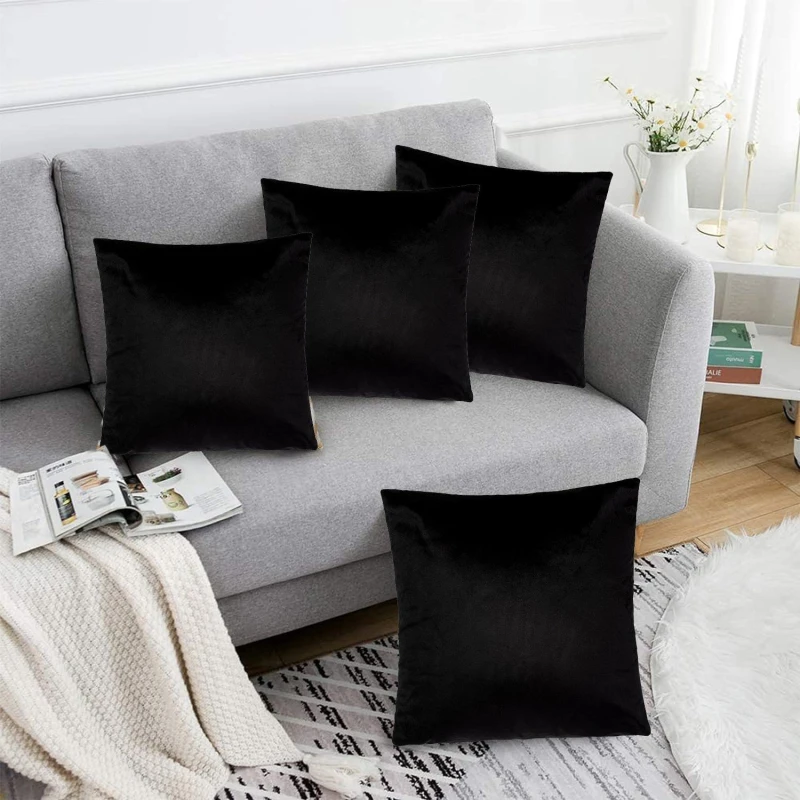 Image of Alan Symonds Plain Velvet Cushion Set of 4 Black unisex 45x45cm