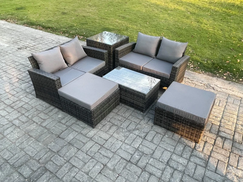 Image of Fimous Outdoor Rattan Garden Furniture Set 6 Seater Patio Lounge Sofa Set with Side Table Coffee Table 2 Big Footstool Dark Grey Mixed Dark Grey Unise